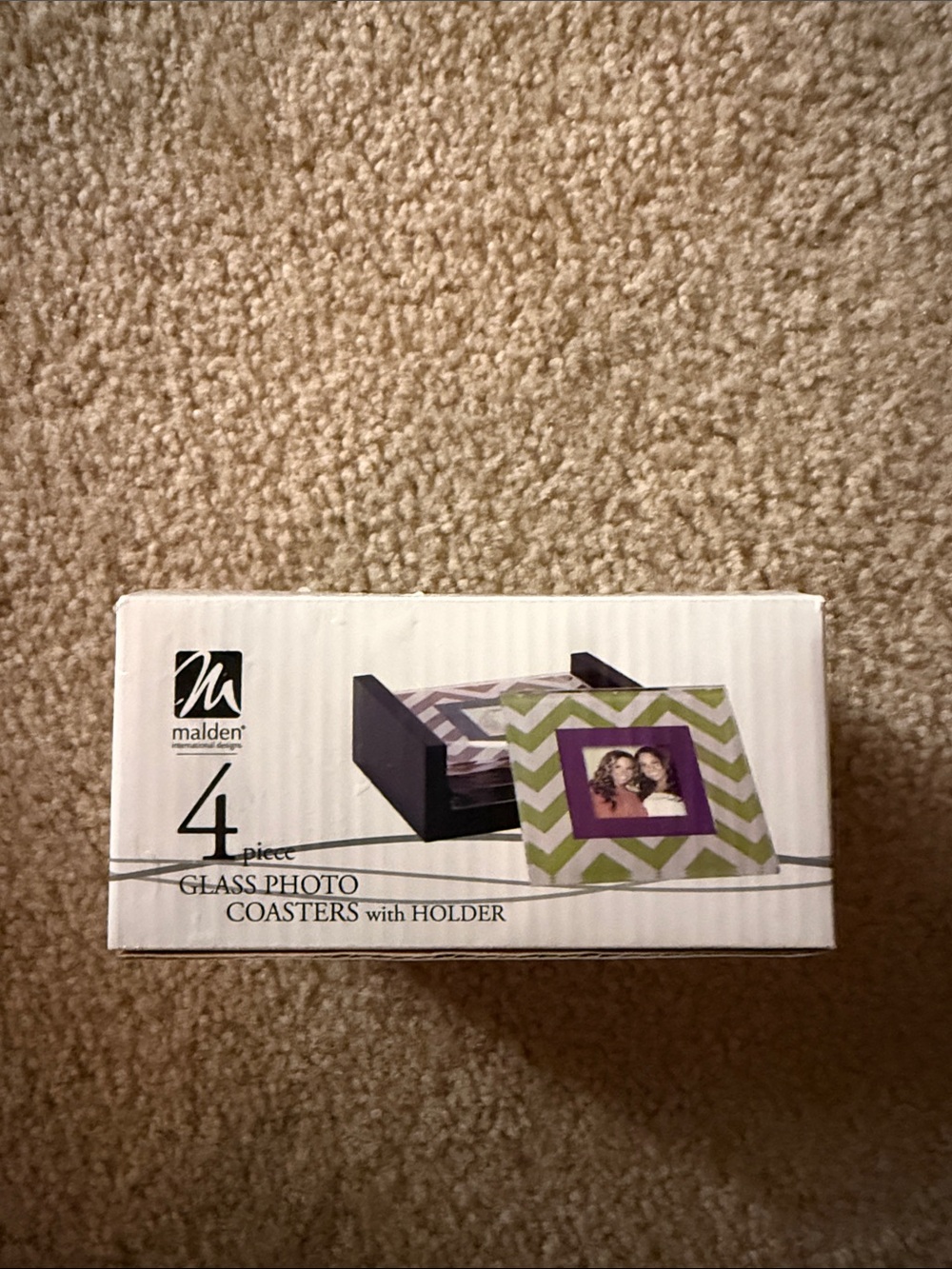 Malden Glass Photo Coasters with Holder - Green Chevron and Purple Accent